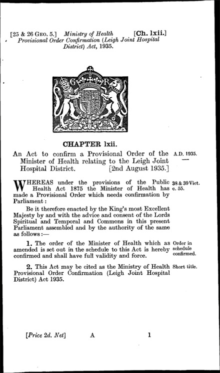 Ministry of Health Provisional Order Confirmation (Leigh Joint Hospital District) Act 1935
