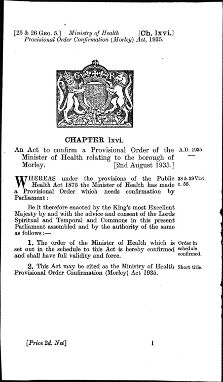 Ministry of Health Provisional Order Confirmation (Morley) Act 1935