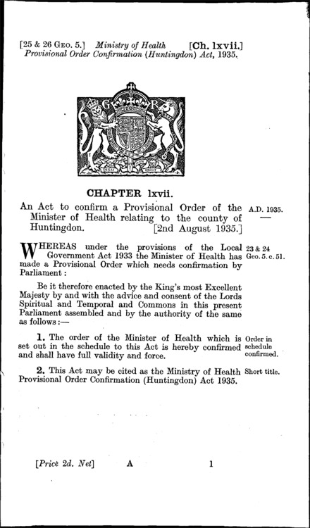 Ministry of Health Provisional Order Confirmation (Huntington) Act 1935