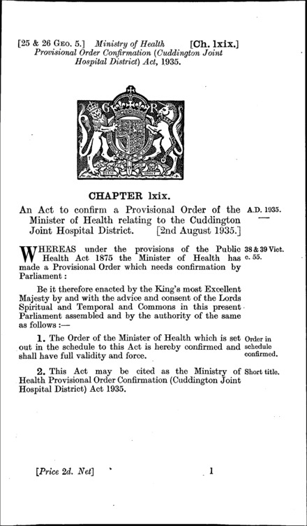 Ministry of Health Provisional Order Confirmation (Cuddington Joint Hospital District) Act 1935