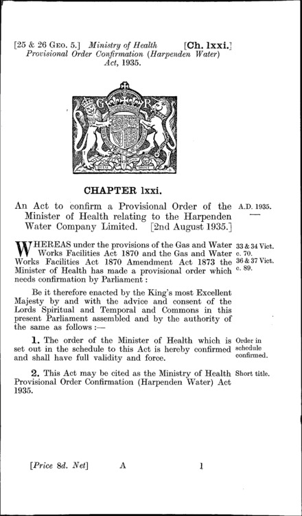 Ministry of Health Provisional Order Confirmation (Harpenden Water) Act 1935