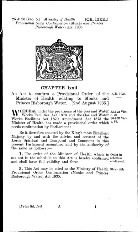 Ministry of Health Provisional Order Confirmation (Monks and Princes Risborough Water) Act 1935