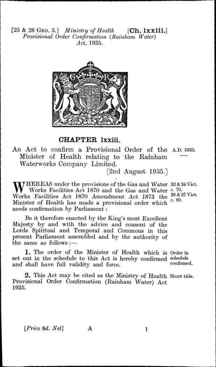 Ministry of Health Provisional Order Confirmation (Rainham Water) Act 1935