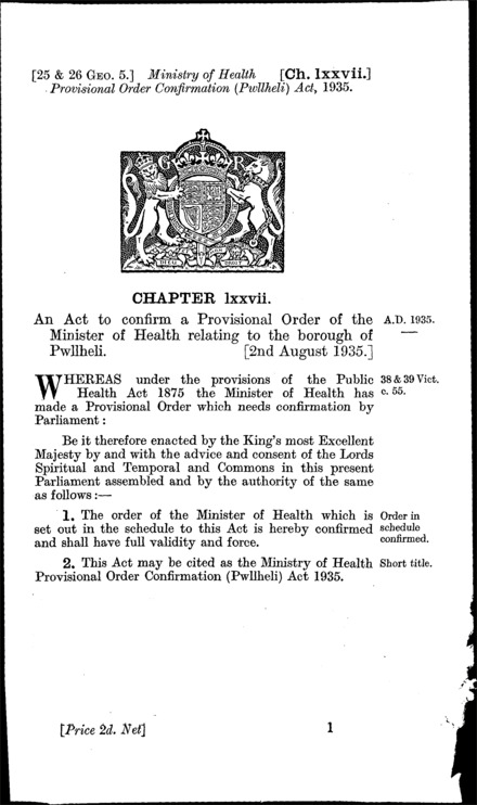Ministry of Health Provisional Order Confirmation (Pwllheli) Act 1935