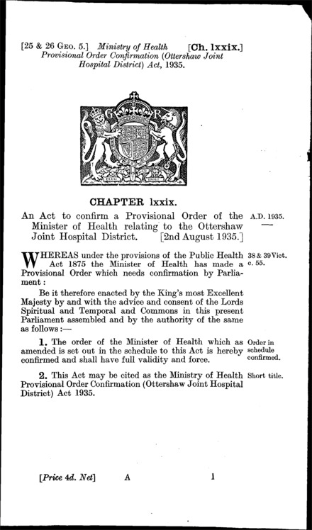 Ministry of Health Provisional Order Confirmation (Ottershaw Joint Hospital District) Act 1935