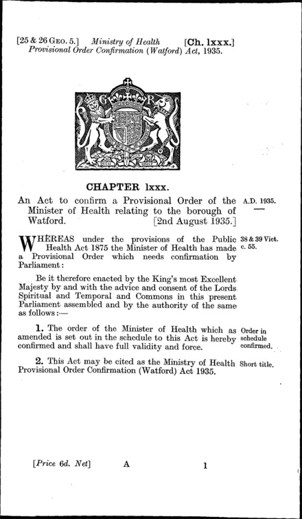Ministry of Health Provisional Order Confirmation (Watford) Act 1935