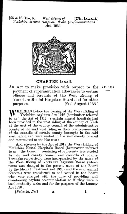 West Riding of Yorkshire Mental Hospital Board (Superannuation) Act 1935
