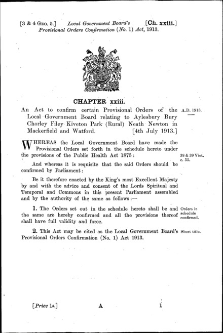 Local Government Board's Provisional Orders Confirmation (No. 1) Act 1913