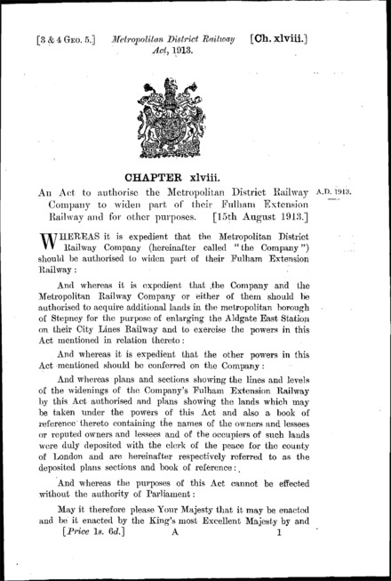 Metropolitan District Railway Act 1913