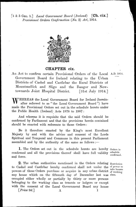 Local Government Board (Ireland) Provisional Orders Confirmation (No. 2) Act 1914