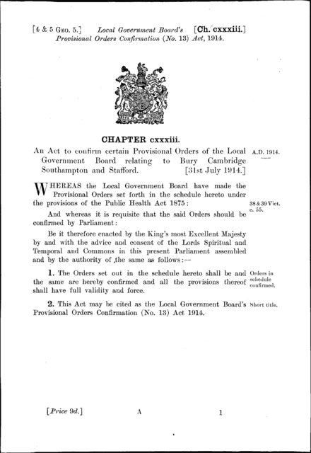 Local Government Board's Provisional Orders Confirmation (No. 13) Act 1914
