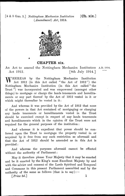 Nottingham Mechanics Institution (Amendment) Act 1914