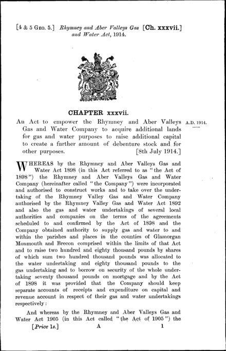 Rhymney and Aber Valleys Gas and Water Act 1914