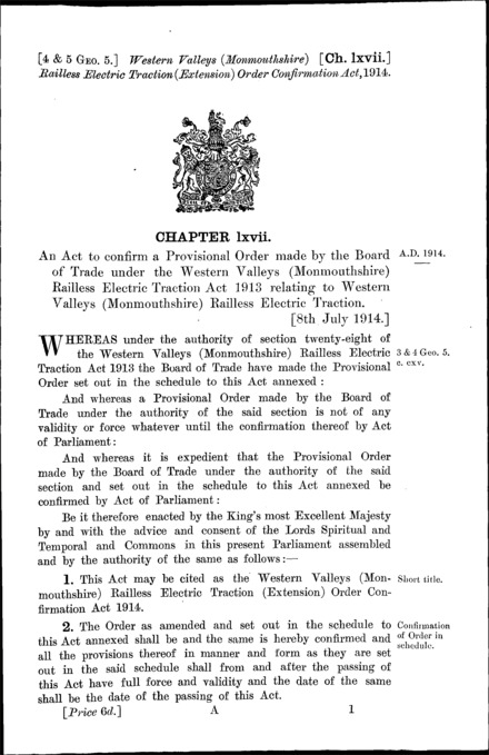 Western Valleys (Monmouthshire) Railless Electric Traction (Extension) Order Confirmation Act 1914