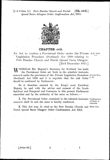 Port Dundas Church and Parish Quoad Sacra Glasgow Order Confirmation Act 1915