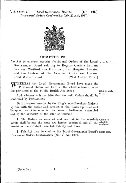 Local Government Board's Provisional Orders Confirmation (No. 2) Act 1917