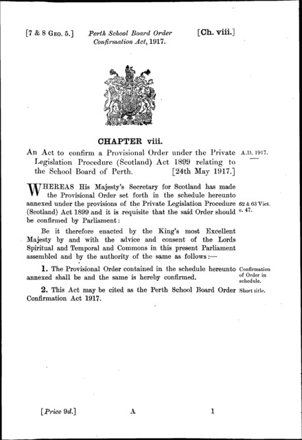 Perth School Board Order Confirmation Act 1917