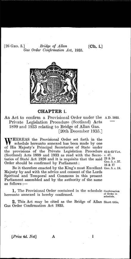 Bridge of Allan Gas Order Confirmation Act 1935