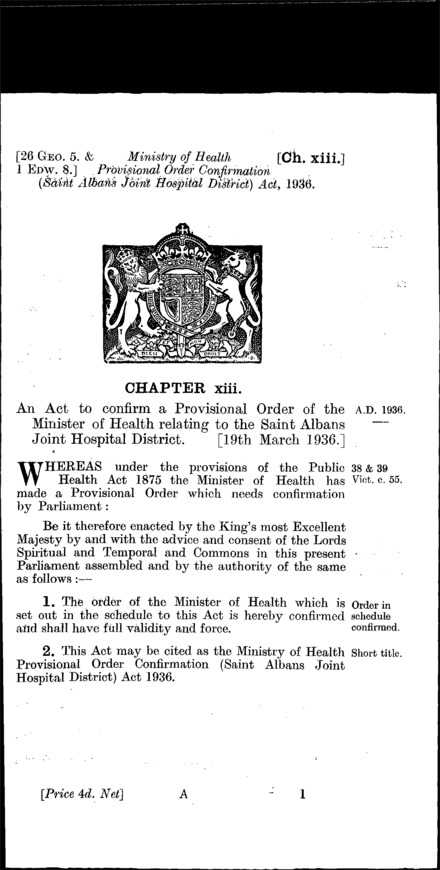 Ministry of Health Provisional Order Confirmation St. Albans Joint Hospital District) Act 1936
