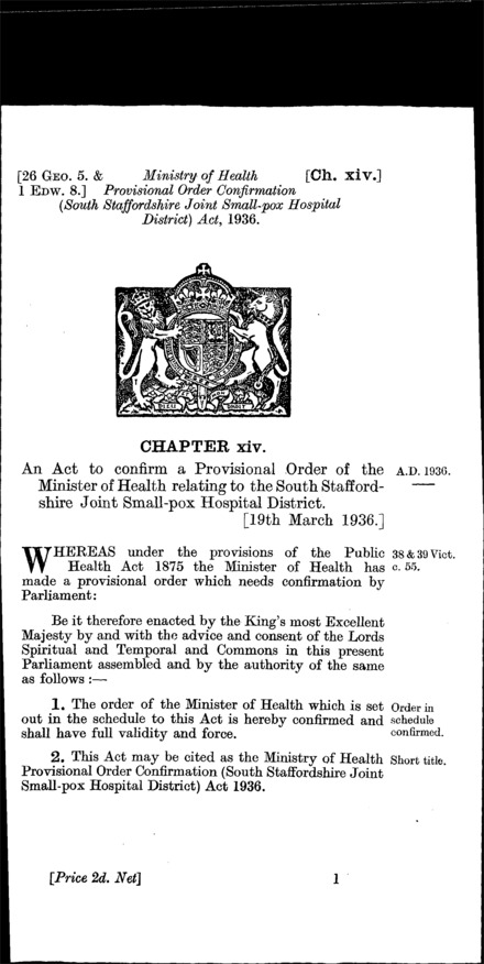 Ministry of Health Provisional Order Confirmation (South Staffordshire Joint Smallpox Hospital District) Act 1936