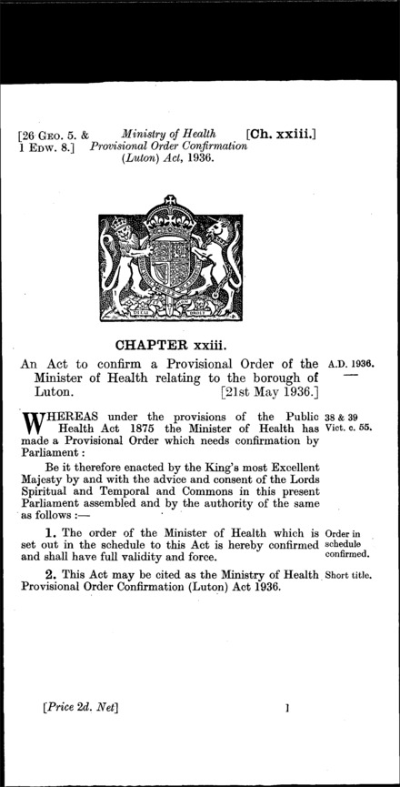 Ministry of Health Provisional Order Confirmation (Luton) Act 1936