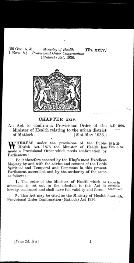 Ministry of Health Provisional Order Confirmation (Matlock) Act 1936
