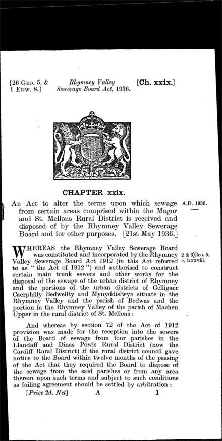 Rhymney Valley Sewerage Board Act 1936