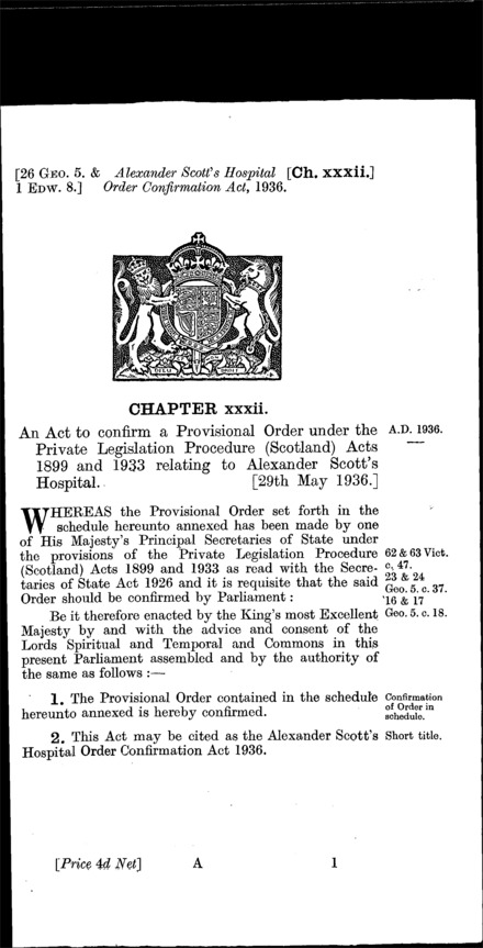 Alexander Scott's Hospital Order Confirmation Act 1936
