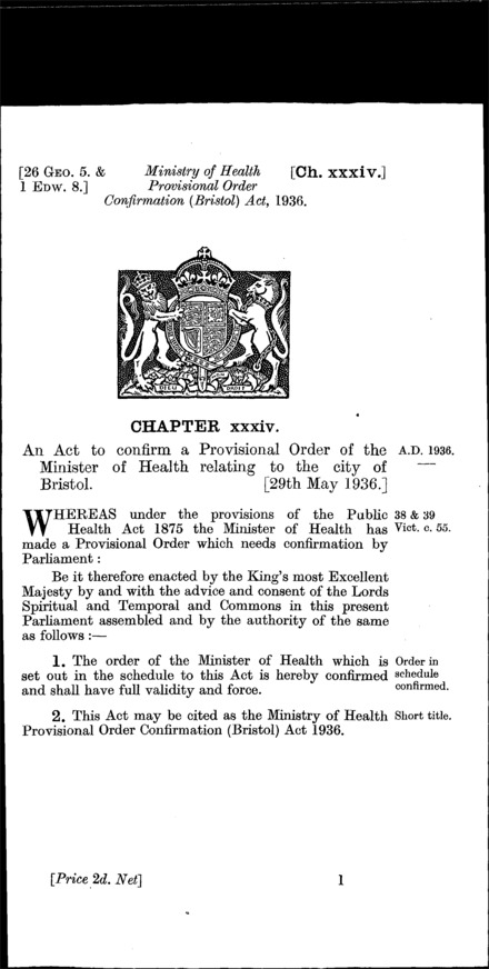 Ministry of Health Provisional Order Confirmation (Bristol) Act 1936