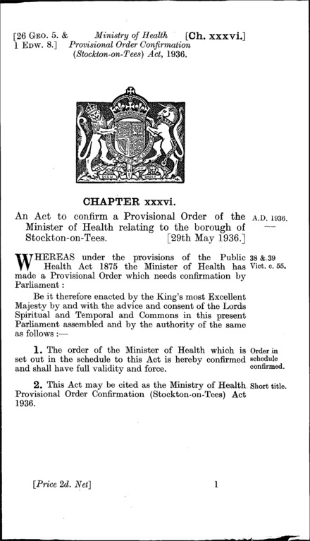 Ministry of Health Provisional Order Confirmation (Stockton-on-Tees) Act 1936