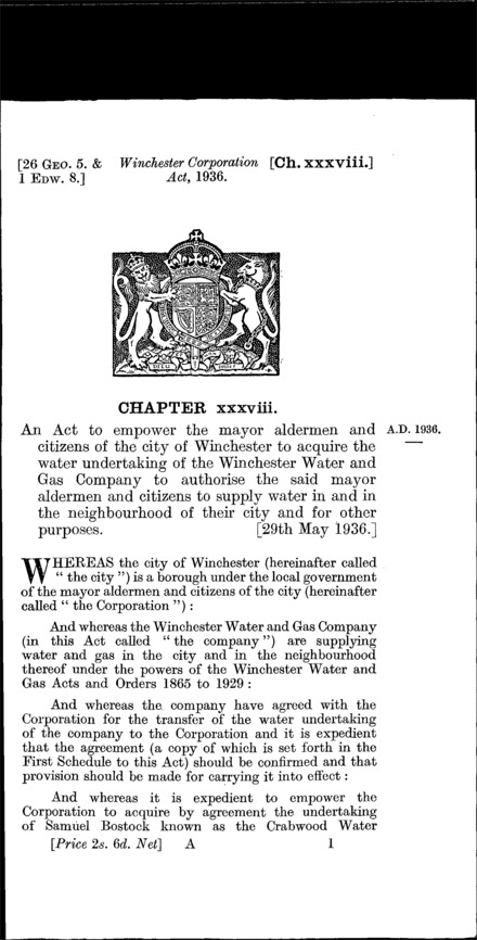 Winchester Corporation Act 1936