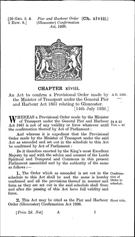 Pier and Harbour Order (Gloucester) Confirmation Act 1936