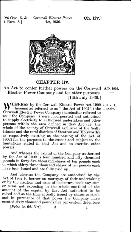 Cornwall Electric Power Act 1936