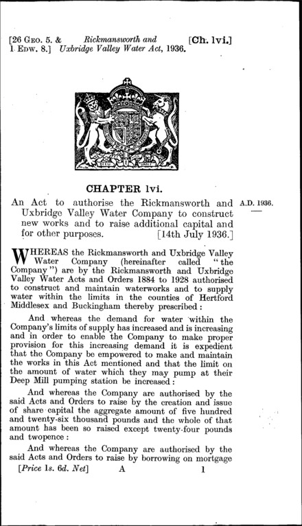 Rickmansworth and Uxbridge Valley Water Act 1936