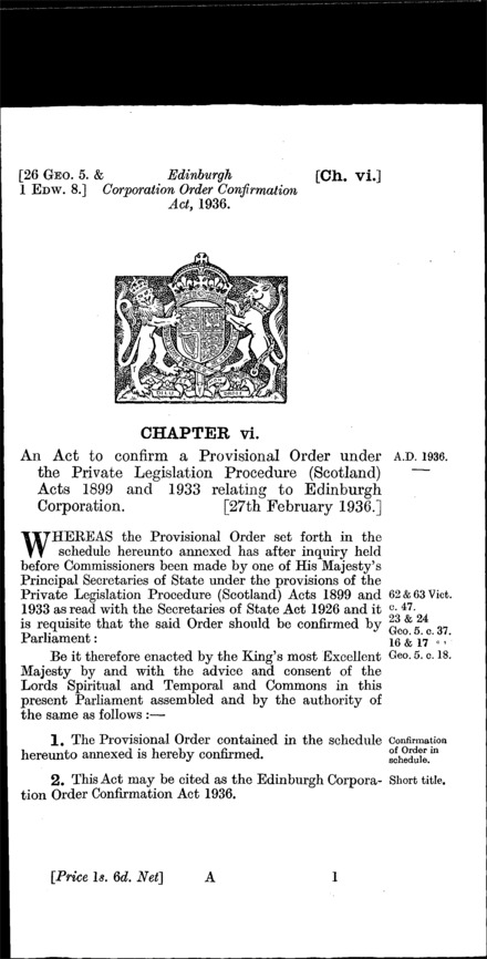 Edinburgh Corporation Order Confirmation Act 1936