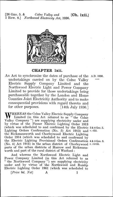 Colne Valley and Northwood Electricity Act 1936