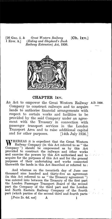 Great Western Railway (Ealing and Shepherd's Bush Railway Extension) Act 1936