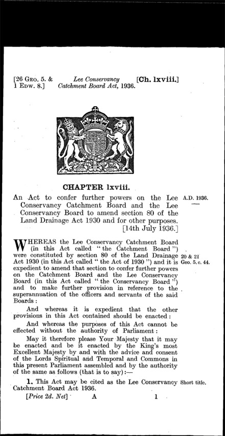 Lee Conservancy Catchment Board Act 1936