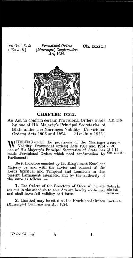 Provisional Orders (Marriages Confirmation) Act 1936