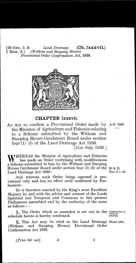 Land Drainage (Witham and Steeping Rivers) Provisional Order Confirmation Act 1936