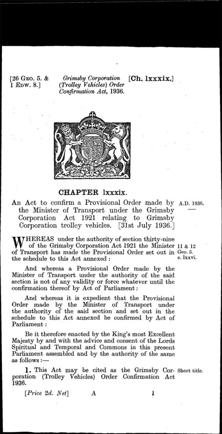 Grimsby Corporation (Trolley Vehicles) Order Confirmation Act 1936
