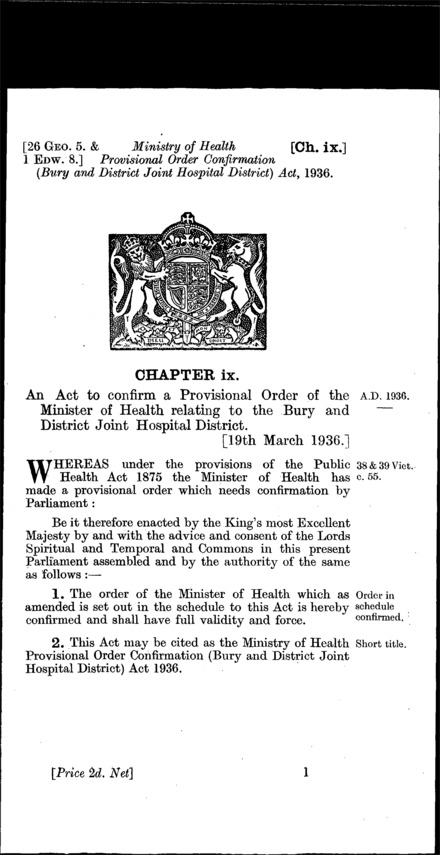 Ministry of Health Provisional Order Confirmation (Bury and District Joint Hospital District) Act 1936