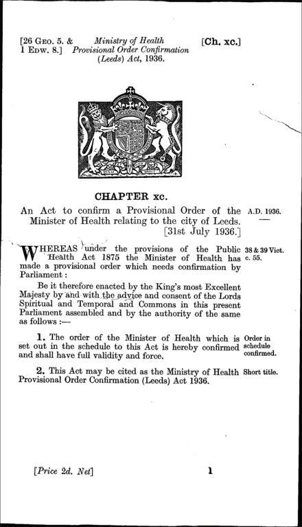 Ministry of Health Provisional Order Confirmation (Leeds) Act 1936