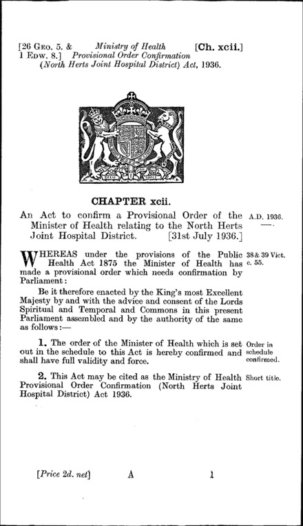 Ministry of Health Provisional Order Confirmation (North Hertfordshire Joint Hospital District) Act 1936