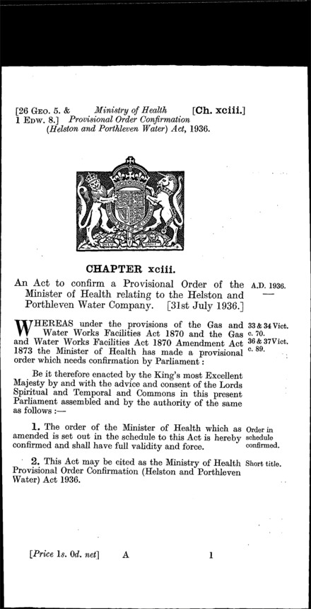 Ministry of Health Provisional Order Confirmation (Helston and Porthleven Water) Act 1936