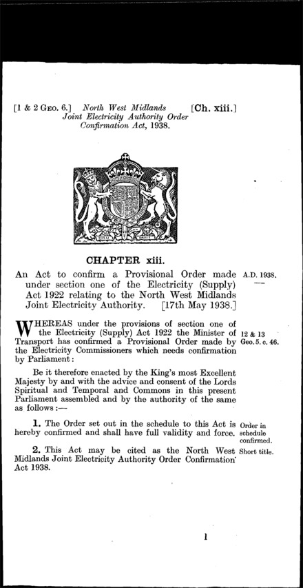 North West Midlands Joint Electricity Authority Order Confirmation Act 1938