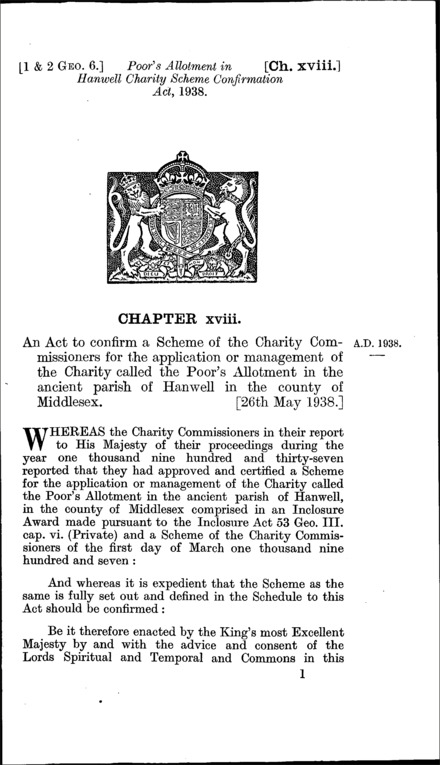 Poor's Allotment in Hanwell Charity Scheme Confirmation Act 1938