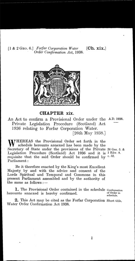 Forfar Corporation Water Order Confirmation Act 1938