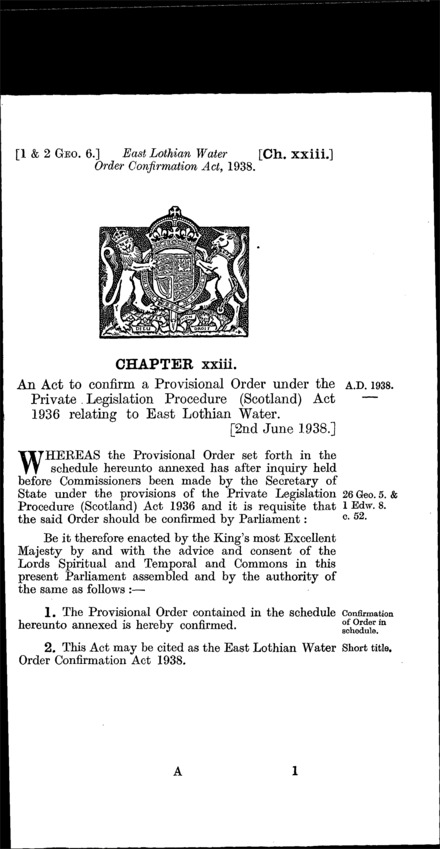 East Lothian Water Order Confirmation Act 1938
