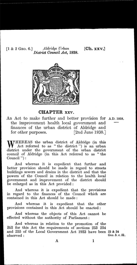 Aldridge Urban District Council Act 1938